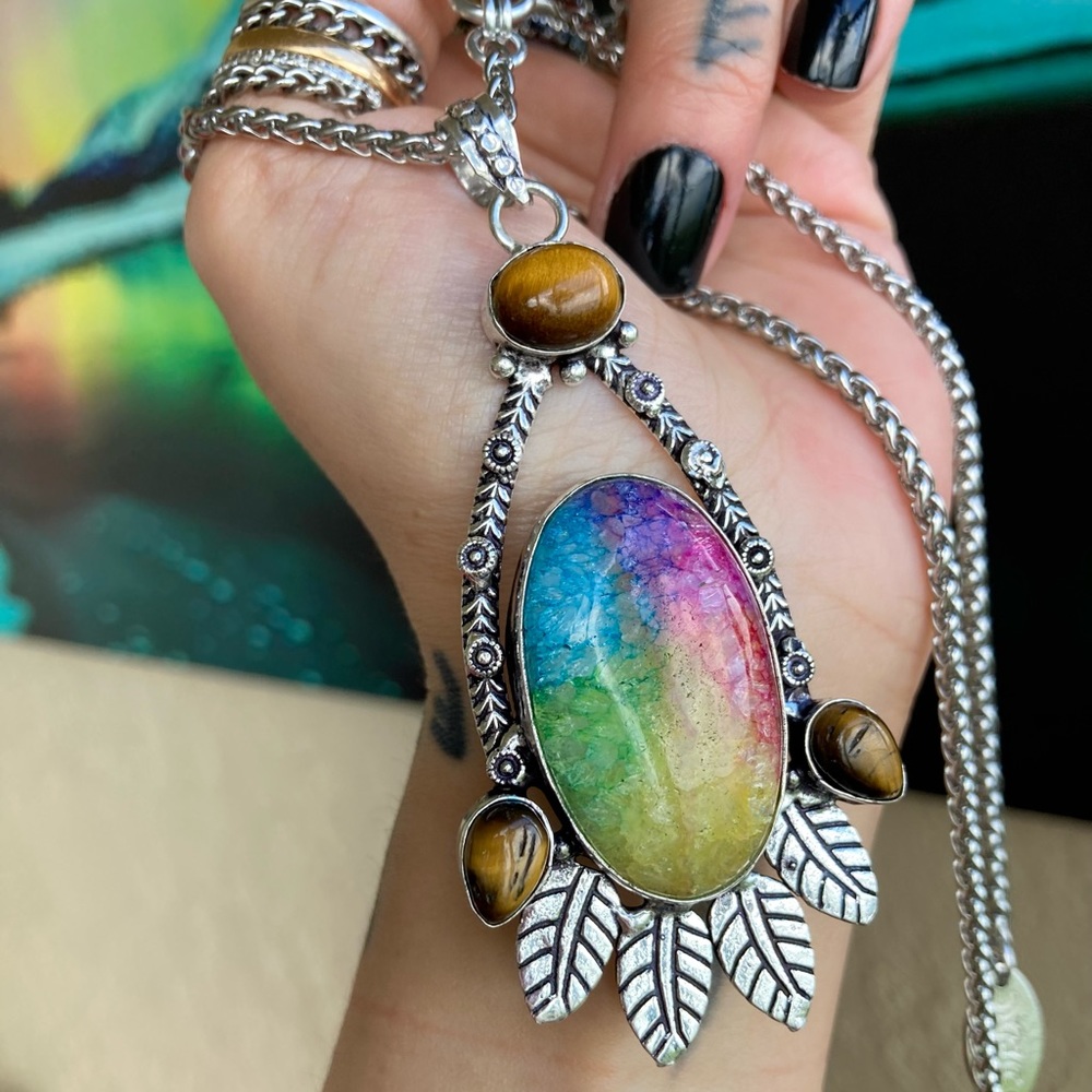 925 sterling silver overlay Rainbow solar quartz tiger eye stone charm necklace - Picture 9 of 13